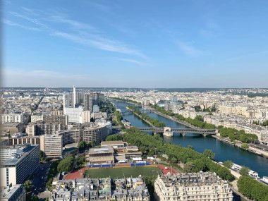Paris 'in havadan görünüşü, Seine Nehri, köprüler, modern ve Haussmann binaları. Şehir manzarası, mavi gökyüzü, yeşil ağaçlar ve spor sahası. Yüksek mimari ve şehir silüeti