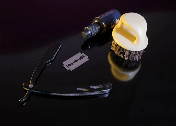 Dangerous Razor Blade Beard Oil Black Background Space Text Barber — Stock Photo, Image