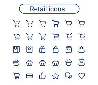 Alışveriş arabası, alışveriş torbası ve market sepeti ikonu seti. Düzenlenebilir felç. Webshop küçük mini çizgi yuvarlak simgeleri.