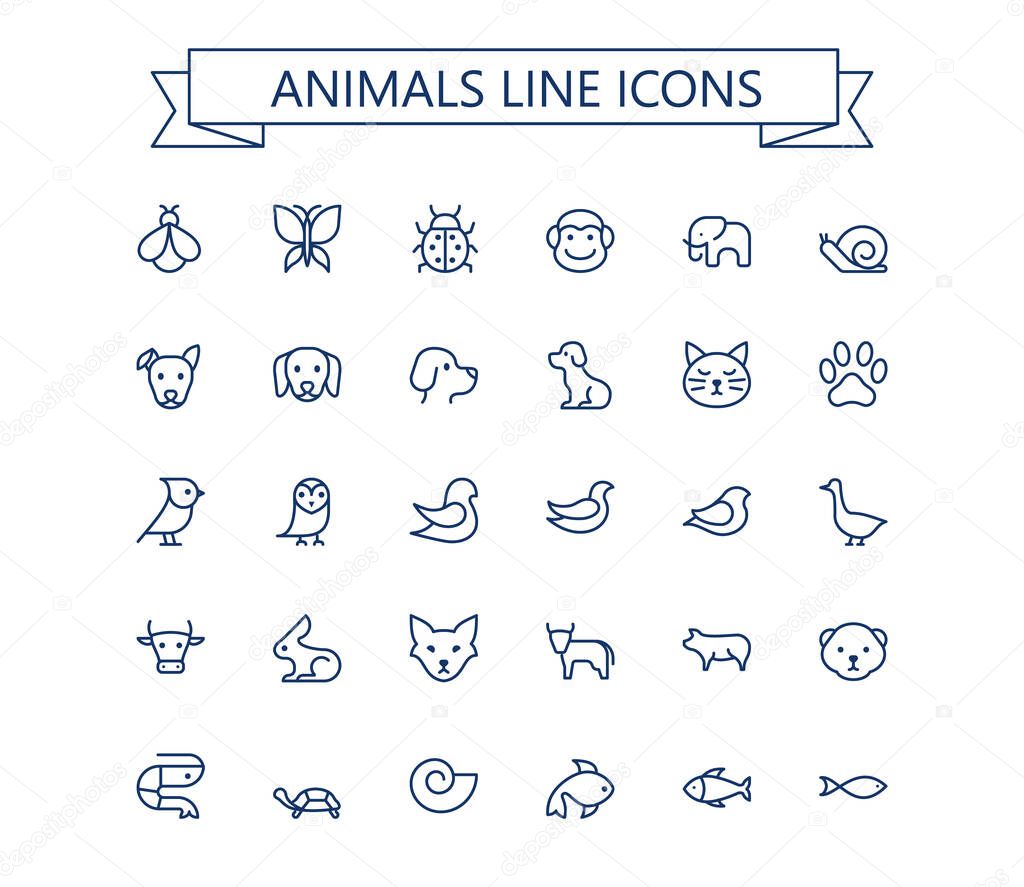 Animals line mini icons set. Editable stroke. 24x24 grid. Pixel Perfect.