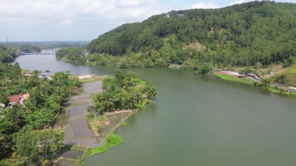 Imagens Aéreas Drones Tráfego Uma Estrada Meio Entre Floresta Rio — Vídeo de Stock