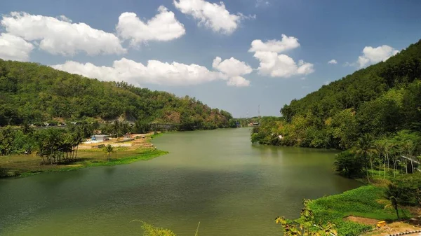 Dağların, nehirlerin ve gölgeli ağaçların hava aracı görüntüsü