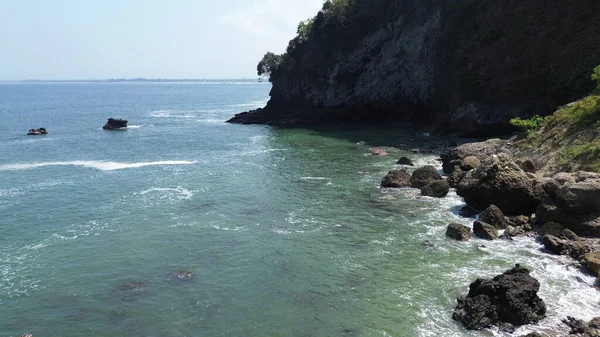 Drone View Beauty Beach Cliffs Waves Trees Karang Agung Beach — Stock Photo, Image