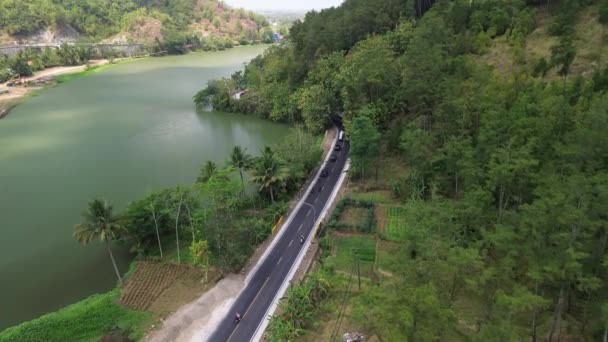 インドネシアの緑の森とセロウ川の間の道のドローンビュー — ストック動画