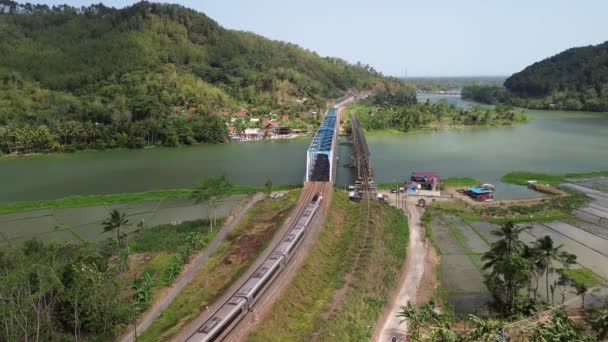Tåg Som Passerar Genom Järnvägsbron Över Serayu Floden Med Grön — Stockvideo