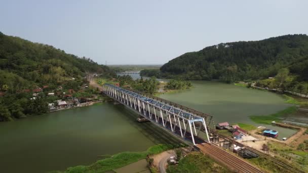 Ponte Ferroviária Sobre Rio Serayu Com Fundo Floresta Verde — Vídeo de Stock