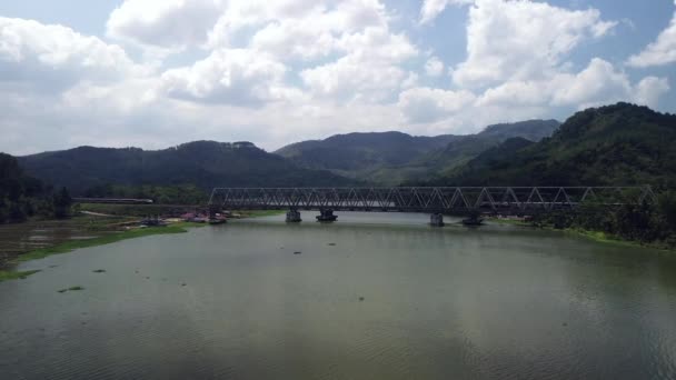 列车通过塞鲁河上的铁路桥 背景为绿林 — 图库视频影像