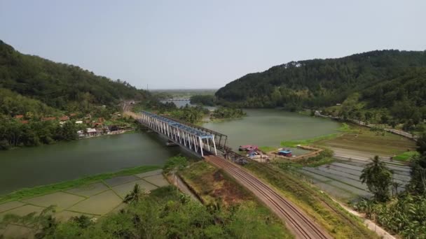 Σιδηροδρομική Γέφυρα Πάνω Από Τον Ποταμό Serayu Πράσινο Φόντο Δάσος — Αρχείο Βίντεο