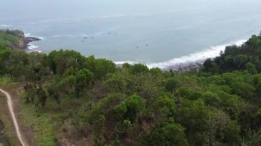 İnsansız hava aracı manzarası Menganti Sahili, Kebumen, Central Java, Endonezya, sakin deniz dalgaları, mercan kayalıkları ve yeşil ağaçlarla dolu bir sahil.