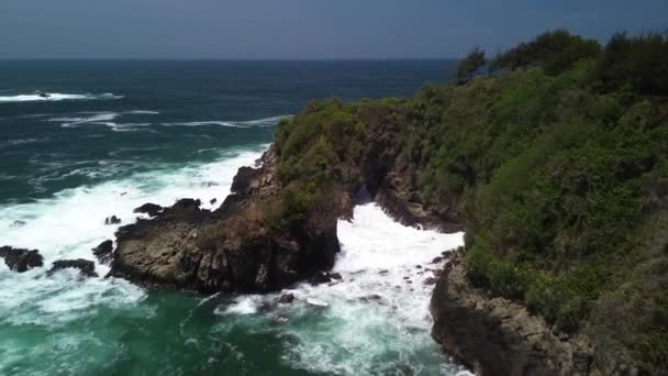 エアリアルドローンビュー タンジュンカランペンテの美しさ ゲイランビーチ ケムメン セントラルジャワ インドネシア 美しいサンゴの崖 落ち着いた波 緑の木とビーチ — ストック動画