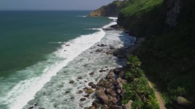 Uçurumlar, verimli tepeler, okyanus dalgaları ve etrafında bir sürü hindistan cevizi ağacı olan deniz manzarası.