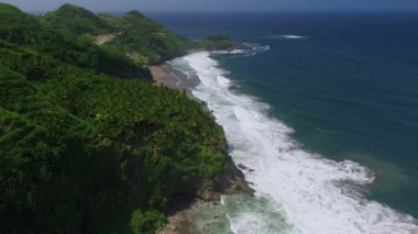 Hava aracı kıyı şeridi, tepeler, yeşil ağaçlar, mercanlar ve okyanustan gelen dalgalar.