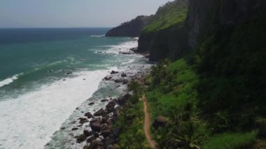 Hava aracı kıyı şeridi, tepeler, yeşil ağaçlar, mercanlar ve okyanustan gelen dalgalar.