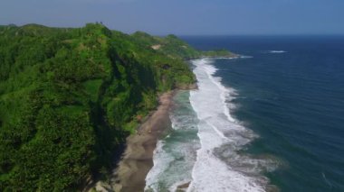 Hava aracı kıyı şeridi, tepeler, yeşil ağaçlar, mercanlar ve okyanustan gelen dalgalar.
