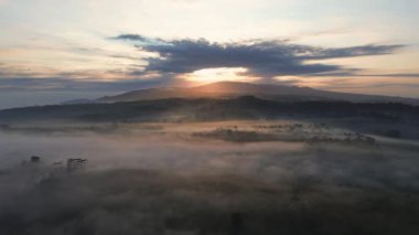 Sabahları sislerin ve ağaçların üzerinde uçan insansız hava aracı tepelerin ve dağların arka planında ve sabahları dramatik bir gündoğumuyla birlikte.