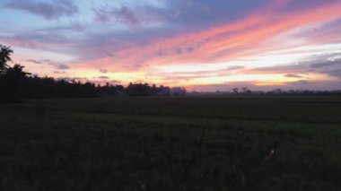 Kırsal alanda gün batımının ve altın saatin görüntüsü öğleden sonraya doğru altın bulutların arka planıyla