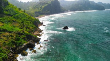 Tepeleri ve ağaçları olan kıyı şeridinin hava aracı görüntüsü, aynı zamanda mercan kayalıkları ve okyanus manzarası Menganti Beach Kebumen Central Java Endonezya 'da.