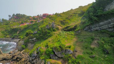 Tepeleri ve ağaçları olan kıyı şeridinin hava aracı görüntüsü, aynı zamanda mercan kayalıkları ve okyanus manzarası Menganti Beach Kebumen Central Java Endonezya 'da.