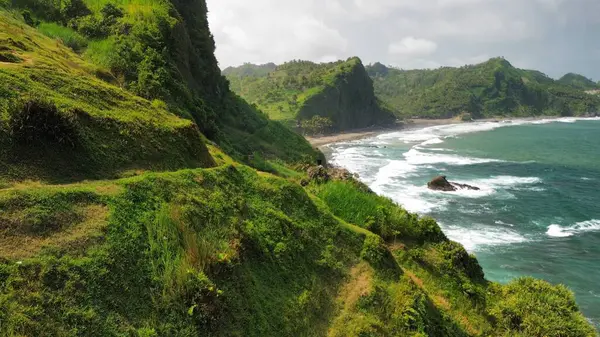 Tepeleri ve ağaçları olan kıyı şeridinin hava aracı görüntüsü, aynı zamanda mercan kayalıkları ve okyanus manzarası Menganti Beach Kebumen Central Java Endonezya 'da.