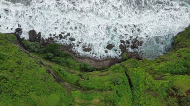 Tepeler ve ağaçlarla dolu kıyı şeridinin hava aracı görüntüsü, aynı zamanda mercan kayalıkları ve deniz manzarası Menganti Beach Kebumen Central Java Endonezya 'dan dalga dalga geliyor.