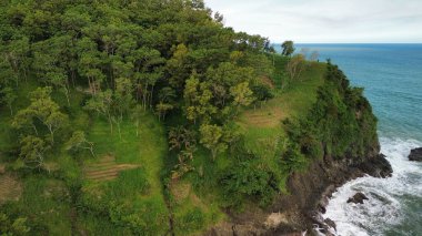 Tepeler ve ağaçlarla kıyı şeridini gösteren hava aracı manzarası, Watu Bale Beach Kebumen Central Java Endonezya 'daki mercan kayalıkları ve deniz dalgaları.