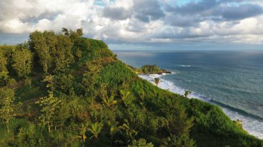 Tepeler ve ağaçlarla kıyı şeridini gösteren hava aracı manzarası, Watu Bale Beach Kebumen Central Java Endonezya 'daki mercan kayalıkları ve deniz dalgaları.