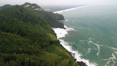 Tepeleri ve ağaçları olan kıyı şeridinin hava aracı görüntüsü, Sagara manzarasında okyanus dalgaları olan mercan kayalıkları ve deniz manzarası, Karang Bolong Beach Kebumen Merkezi Java Endonezya olarak da bilinir.
