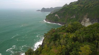 Tepeleri ve ağaçları olan kıyı şeridinin hava aracı görüntüsü, Sagara manzarasında okyanus dalgaları olan mercan kayalıkları ve deniz manzarası, Karang Bolong Beach Kebumen Merkezi Java Endonezya olarak da bilinir.