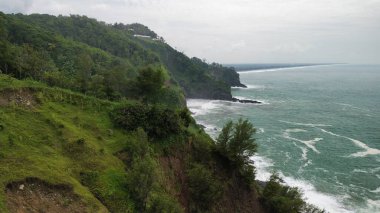 Tepeleri ve ağaçları olan kıyı şeridinin hava aracı görüntüsü, Sagara manzarasında okyanus dalgaları olan mercan kayalıkları ve deniz manzarası, Karang Bolong Beach Kebumen Merkezi Java Endonezya olarak da bilinir.