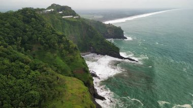 Tepeleri ve ağaçları olan kıyı şeridinin hava aracı görüntüsü, Sagara manzarasında okyanus dalgaları olan mercan kayalıkları ve deniz manzarası, Karang Bolong Beach Kebumen Merkezi Java Endonezya olarak da bilinir.