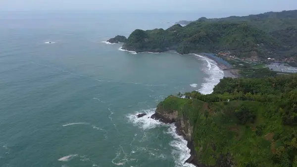 Tepeleri ve ağaçları olan kıyı şeridinin hava aracı görüntüsü, Sagara manzarasında okyanus dalgaları olan mercan kayalıkları ve deniz manzarası, Karang Bolong Beach Kebumen Merkezi Java Endonezya olarak da bilinir.