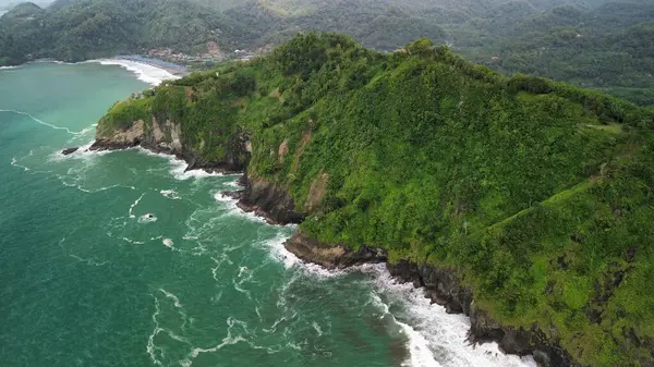 Tepeleri ve ağaçları olan kıyı şeridinin hava aracı görüntüsü, Sagara manzarasında okyanus dalgaları olan mercan kayalıkları ve deniz manzarası, Karang Bolong Beach Kebumen Merkezi Java Endonezya olarak da bilinir.