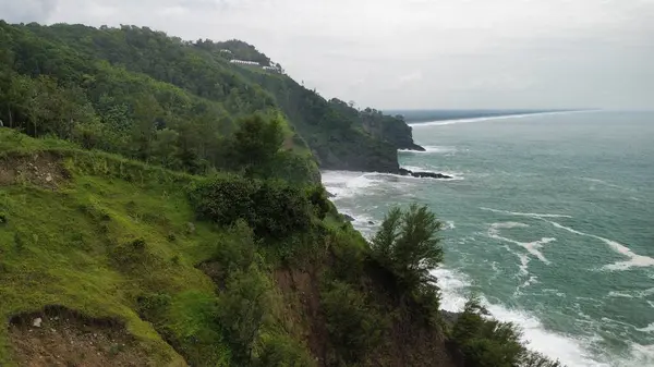 Tepeleri ve ağaçları olan kıyı şeridinin hava aracı görüntüsü, Sagara manzarasında okyanus dalgaları olan mercan kayalıkları ve deniz manzarası, Karang Bolong Beach Kebumen Merkezi Java Endonezya olarak da bilinir.