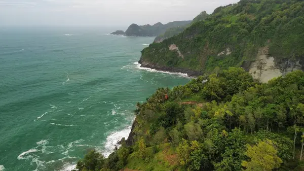 Tepeleri ve ağaçları olan kıyı şeridinin hava aracı görüntüsü, Sagara manzarasında okyanus dalgaları olan mercan kayalıkları ve deniz manzarası, Karang Bolong Beach Kebumen Merkezi Java Endonezya olarak da bilinir.