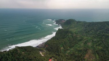 Tepeleri ve ağaçları olan kıyı şeridinin hava aracı görüntüsü, Sagara manzarasında okyanus dalgaları olan mercan kayalıkları ve deniz manzarası, Karang Bolong Beach Kebumen Merkezi Java Endonezya olarak da bilinir.