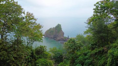 Karang Agung Sahili, Kebumen, Central Java, Endonezya 'daki kayalar, tepeler, ağaçlar, kumsal kumsalları ve dalgalarla kıyı şeridinin insansız hava aracı görüntüsü.