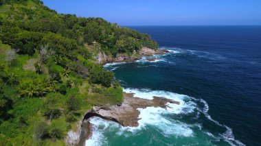 Denizin kenarındaki mercan tepelerinin insansız hava aracı görüntüsü ağaçlar, sahil kum mercan kayalıkları ve Sawangan Sahili 'nden gelen dalgalar, Kebumen, Central Java