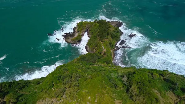 Tepeler, ağaçlar, kayalıklar, mercan resifleri ve Surumanis Sahili, Kebumen, Central Java 'daki denizden gelen dalgalarla birlikte kuş bakışı kıyı şeridi manzarası