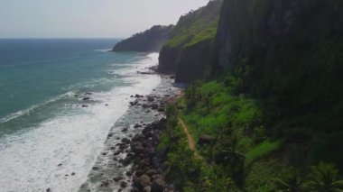 Menganti Sahili, Kebumen, Central Java, Endonezya 'nın insansız hava aracı manzarası, ağaçlar, mercan resifleri ve okyanustan gelen dalgalarla çevrili bir turizm merkezi.