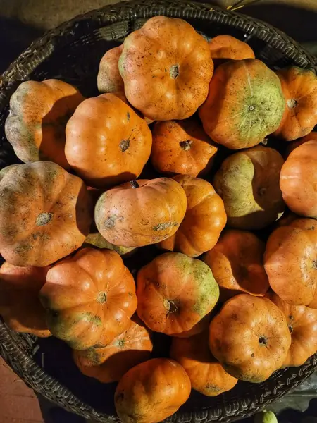 Sebze pazarında satılmak üzere yeni toplanmış balkabakları.