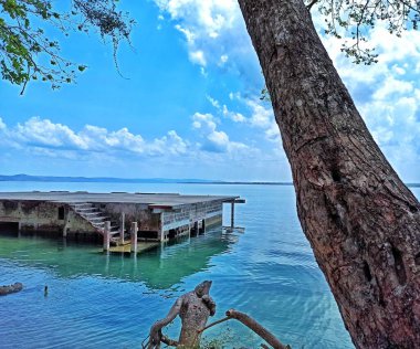 Terk edilmiş ev Peten Itza Gölü, San Andres, Peten 'de kısmen batmış.