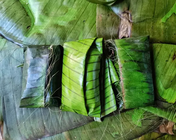 Geleneksel Guatemala Chipilin Tamales. Muz yapraklarına sarılmış. Tipik Guatemala yemeği.