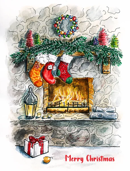 New Year Card Fireplace Christmas Tree Toys — Stock Photo, Image
