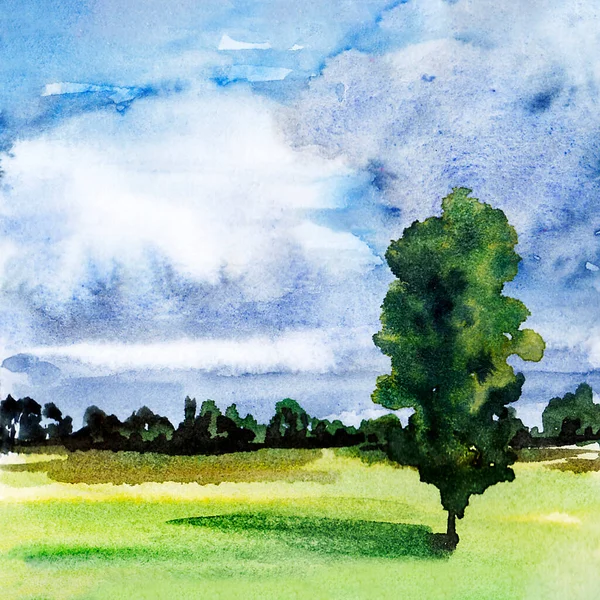 Landscape with clouds and trees in sketch style