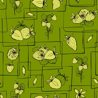 Yeşil arka planda biçimlendirilmiş çilekli kusursuz vektör deseni