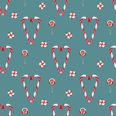 Yeşil arka planda Noel şeker kamışları olan pürüzsüz bir desen.