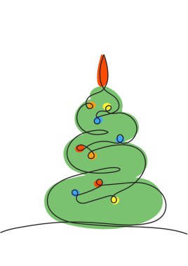 Çok renkli bir çelenkle süslenmiş bir Noel ağacının vektör stili