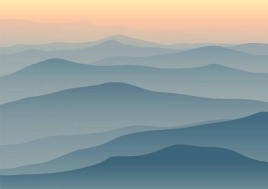 Gün batımında vektör dağ manzarası stilize tekniğiyle