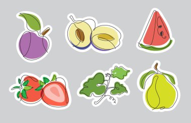 Minimalist teknikte stilize edilmiş grafik meyveli çıkartmalar.