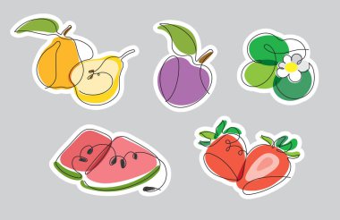 Bir satırda renkli vektör meyveleri olan küçük etiketler.